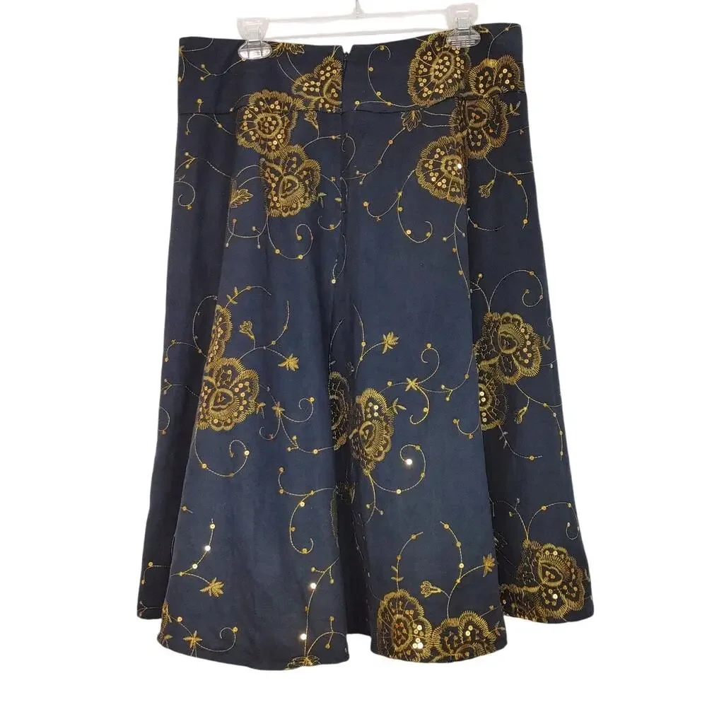 Richard Malcolm A LIne Midi Skirt Floral Sequin Embroidered Gold Black Womens 14